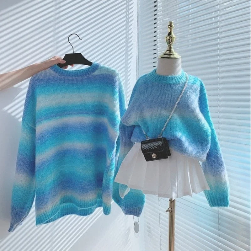 Family Matching Mom Daughter Son Tie Dye Sweater Rainbow Child Adult Knitted Sweater Pullover Outwear Casual Baby Clothes