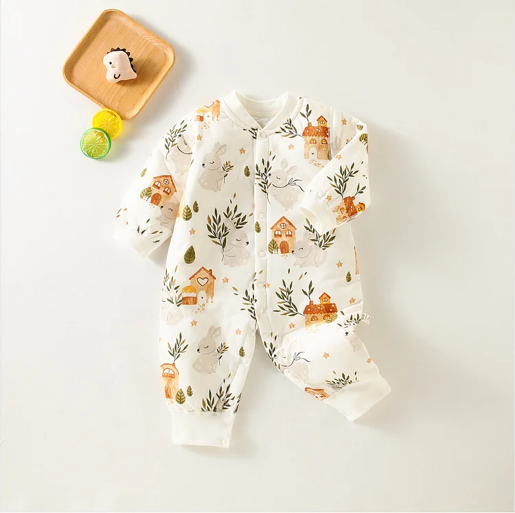 Baby Boy/Girl Rabbit Print Button Up Long Sleeve Romper