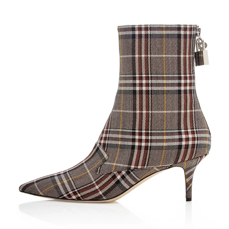 Red Plaid Kitten Heel Boots with Pointed Toe Lock Vdcoo