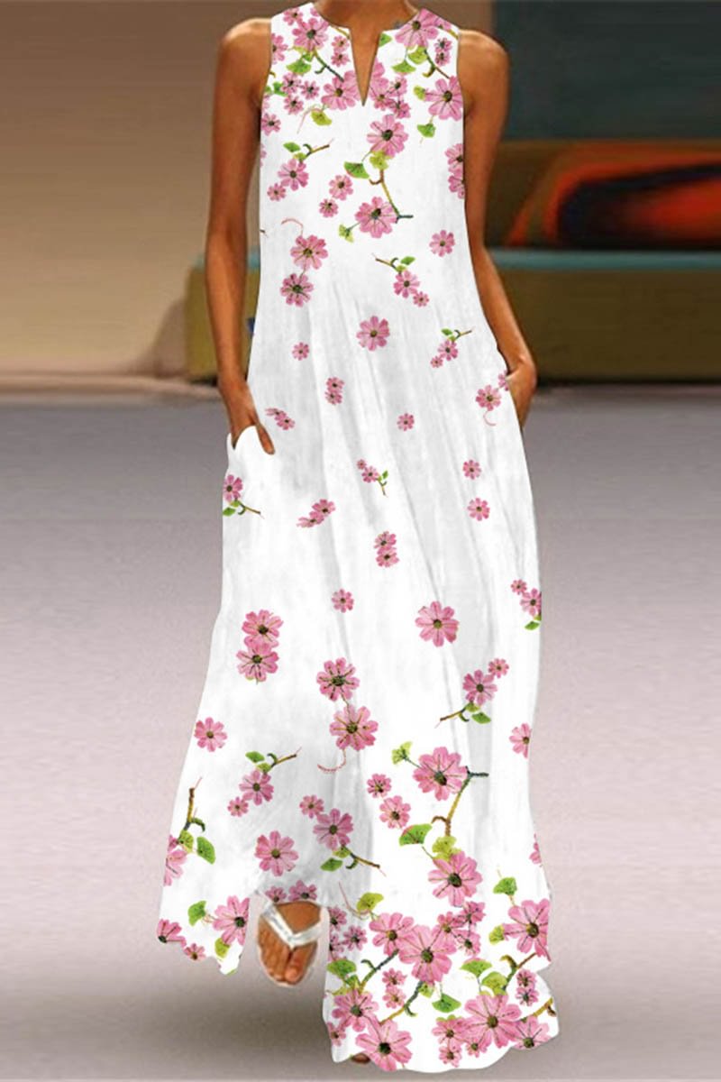 Plus Size Floral Print Split Neck Sleeveless Maxi Dresses