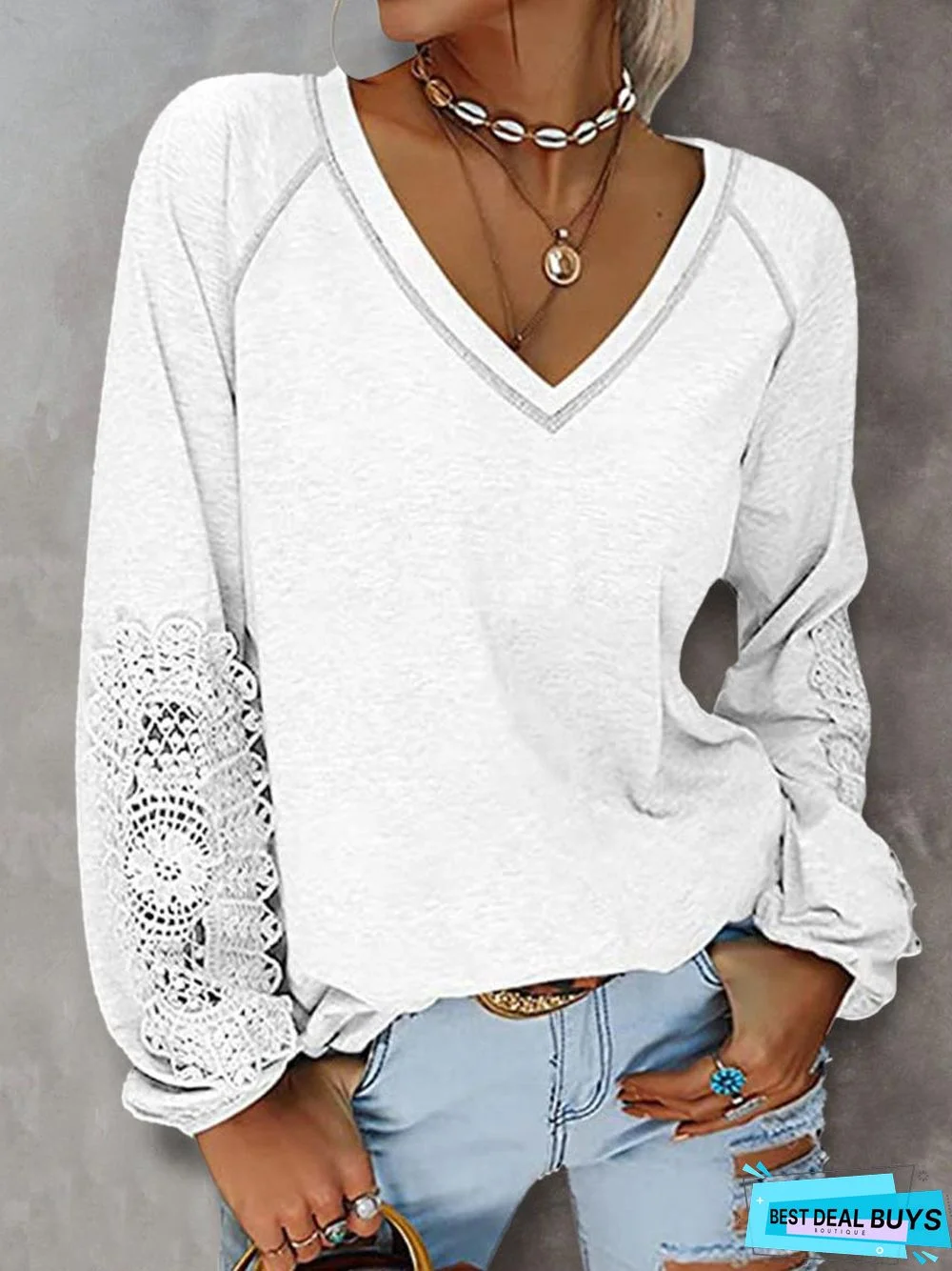 Fall/Winter Solid Color V-Neck Stitching Lace Lantern Sleeve T-Shirt