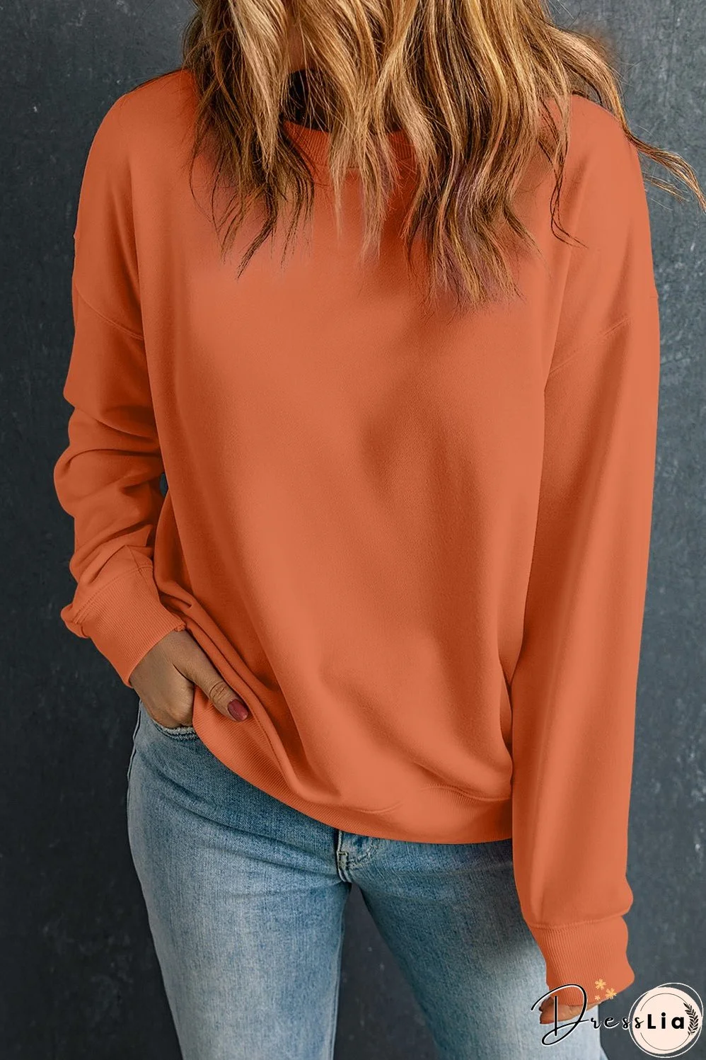 Orange Solid Classic Crewneck Pullover Sweatshirt
