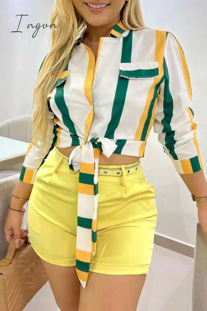 Ingvn - Sweet Striped Frenulum With Belt Turndown Collar Long Sleeve Two Pieces Green Yellow / S