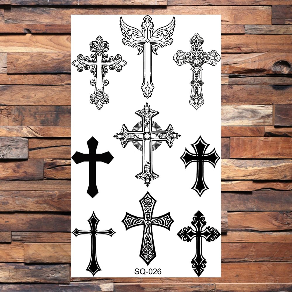 Gingf Black Flower Cross Temporary Tattoos For Women Men Realistic Pirate Infinity Wings Fake Tattoo Sticker Arm Neck Tatoos