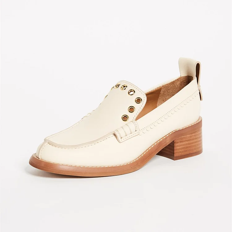 Beige Round Toe Holes Block Heel Loafers for Women |FSJ Shoes