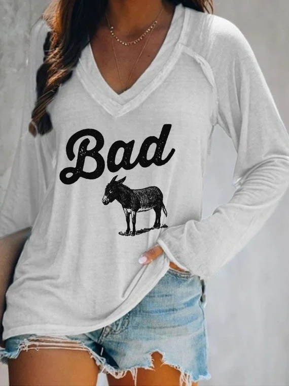 Funny Bad Ass Donkey V-Neck Long Sleeve T-shirt