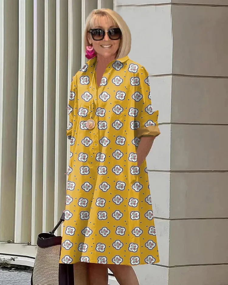 Printed Mid-Length Long Sleeve Shirt Dress for Women