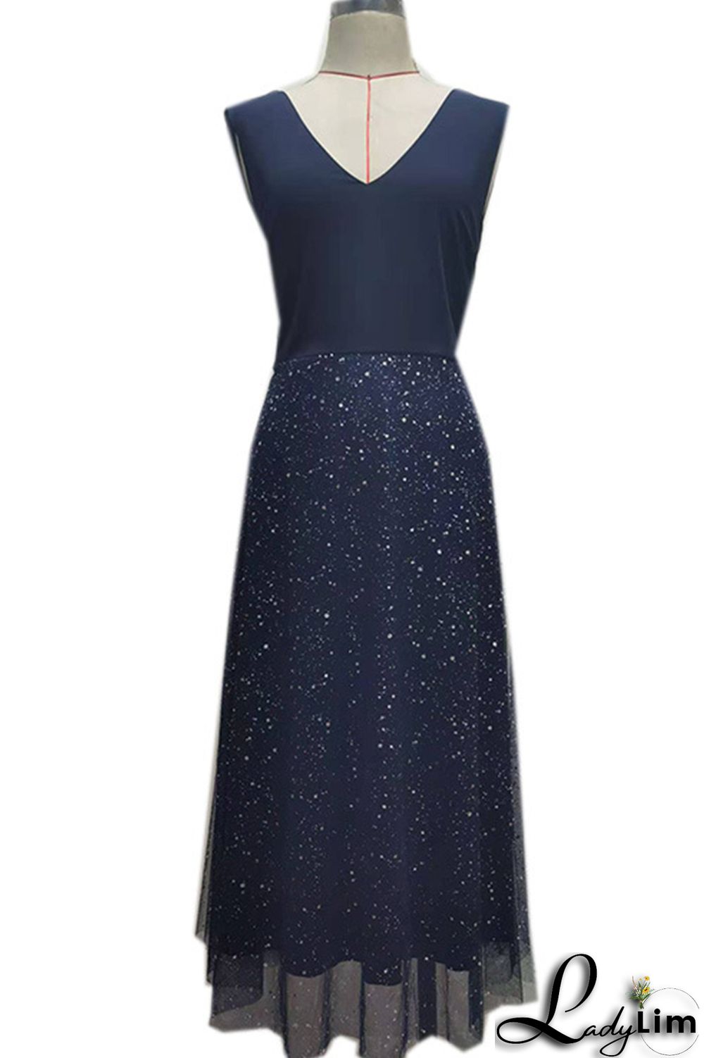 Tibetan Blue Sexy Casual Plus Size Patchwork Bright Silk V Neck Vest Dress