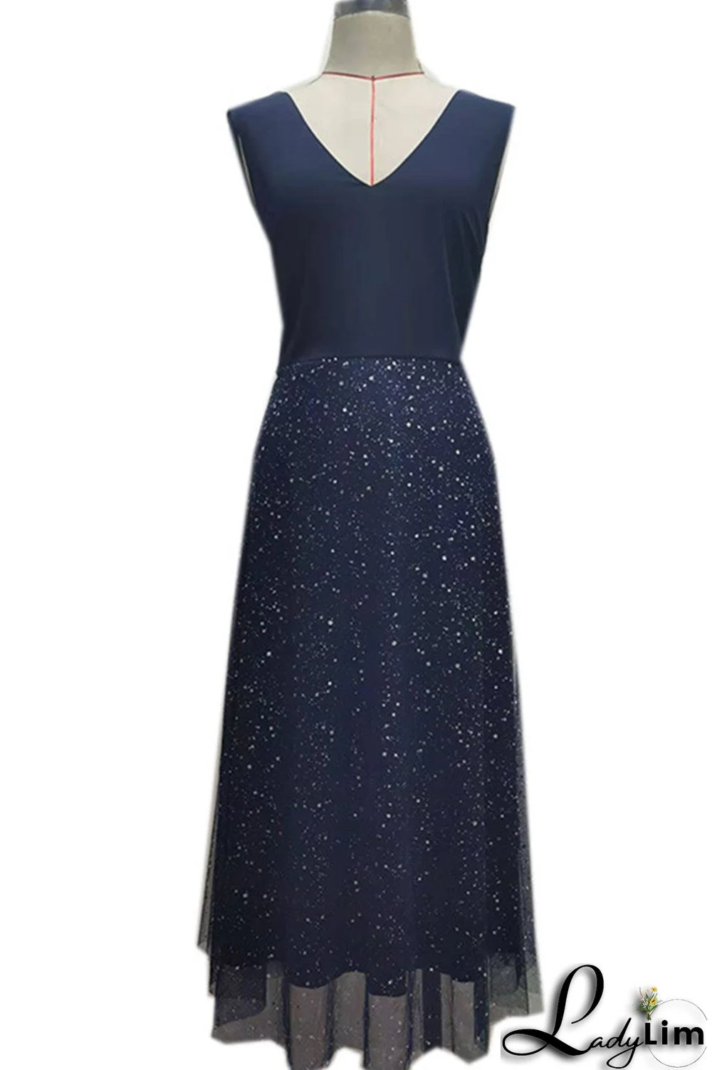 Tibetan Blue Sexy Casual Plus Size Patchwork Bright Silk V Neck Vest Dress