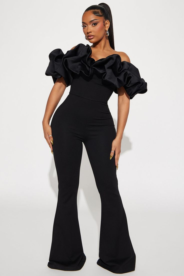 Lvs&Broner Stunning Black Off the Shoulder Sleeveless Wid-Leg Long Jumpsuit with Ruffles