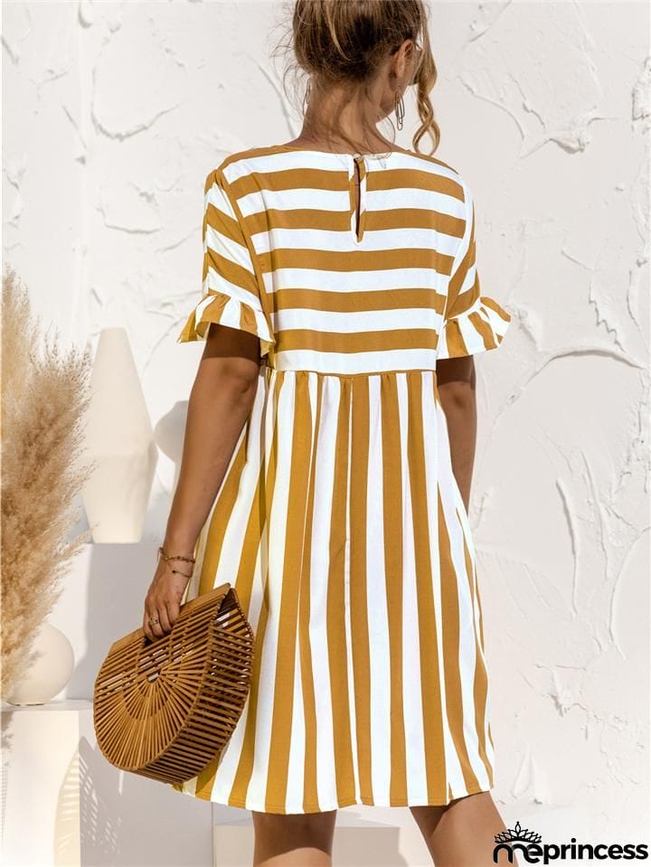 Relaxed Fit Round Neck Striped Ruffled Short Sleeve Flare Midi Dress