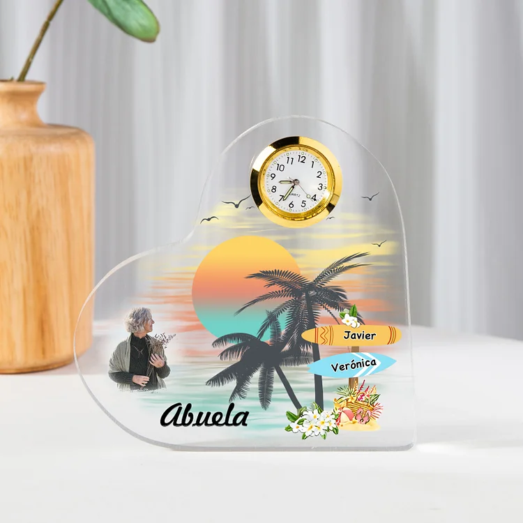 A la familia-Placa acrílica de playa en forma de corazón con un reloj 1 texto, 1 foto y 2 nombres personalizados