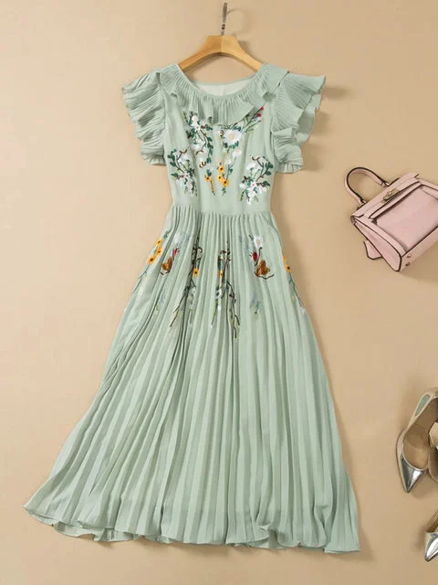 Boho Palm Flying Ruffled Sleeve Pleated Hem Midi Dress
