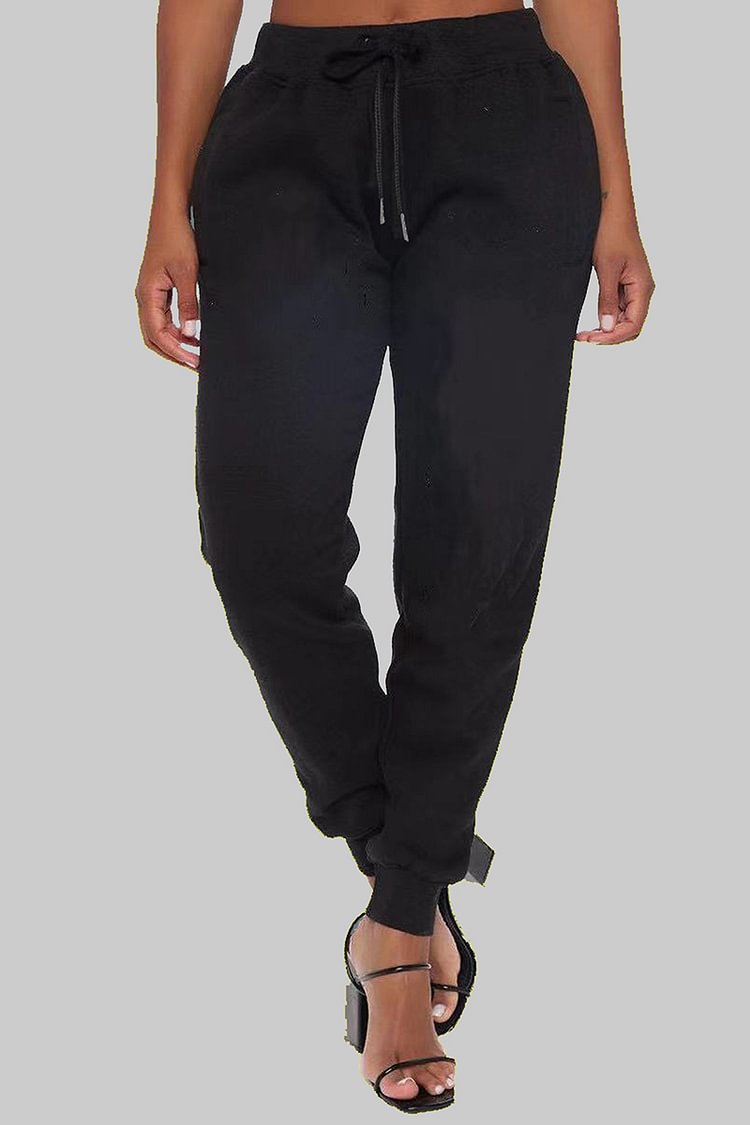 Plus Size Casual Black Elastic Waist Loose Sweatpants