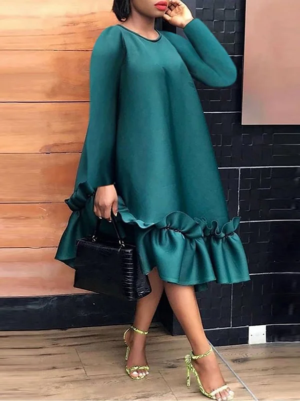 Falbala Pleated Solid Color Split-Joint Long Sleeves Loose Round-Neck Midi Dresses