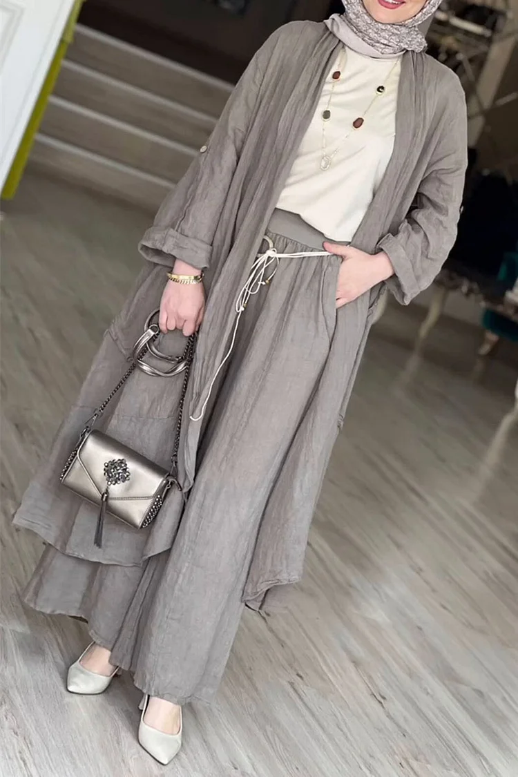 Open Front Long Cardigan Wide Leg Pants Solid Color Matching Set