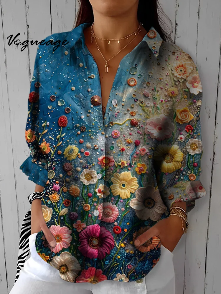 Bright Dreamy And Elegant Flowers Printed Cotton And Linen Shirt