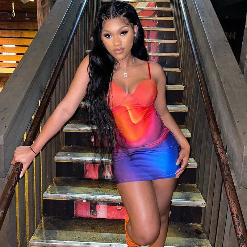 Hawthaw Women Autumn Sleeveless Printed Bodycon Party Club Gradient Strap Mini Dress 2021 Fall Wholesale Lots Bulk Clothes