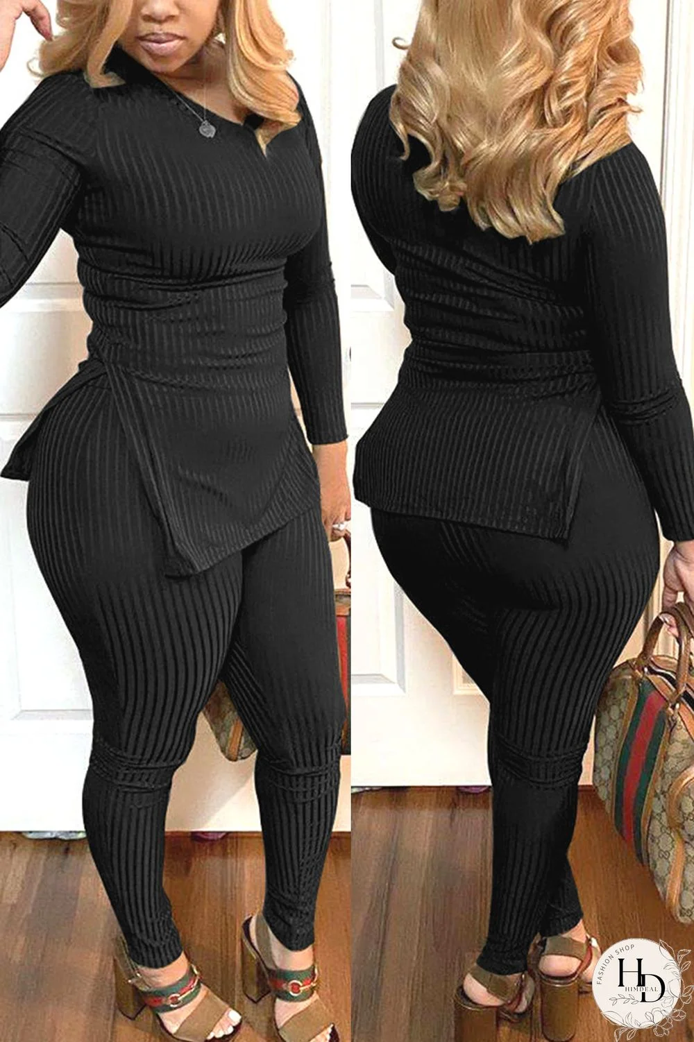 Black Fashion Casual Solid Basic V Neck Long Sleeve Two Pieces