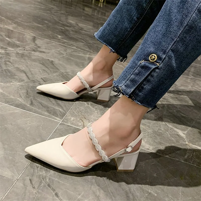Qengg sandals women's summer high heels 2022 new pointed toe back straps rhinestone fairy wind thick heel shoes women