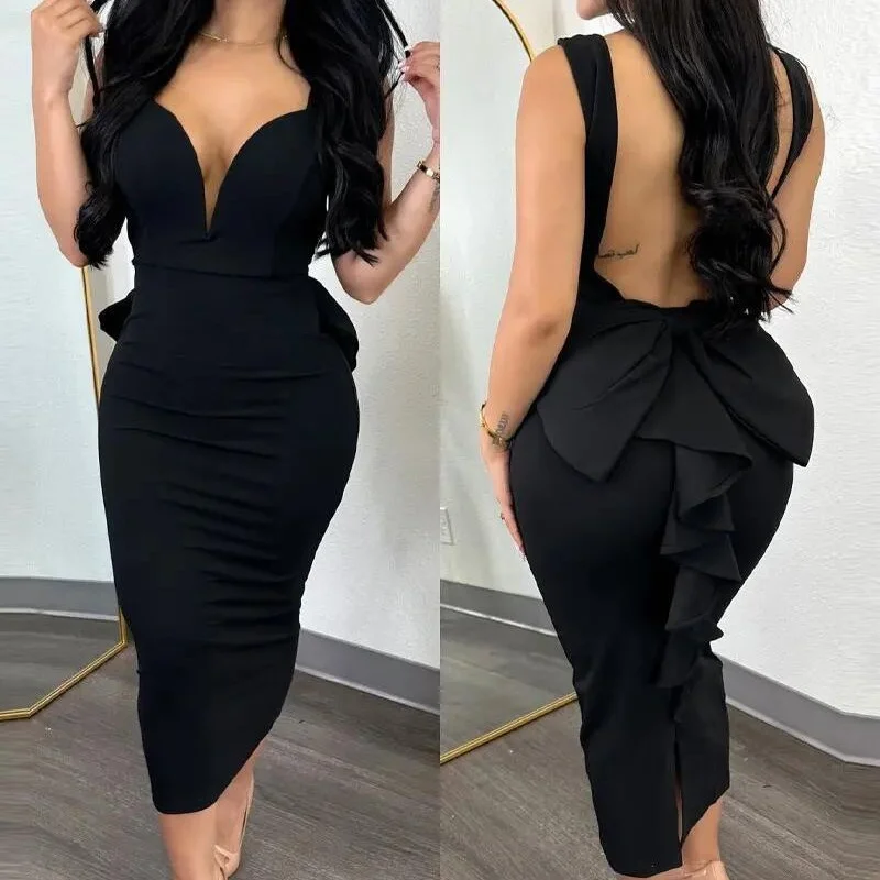 Wongn Wongn Temperament Elegant Solid Color Wrap Hip Dew Back Deep V High Waist Bow Stretch Slit Dress