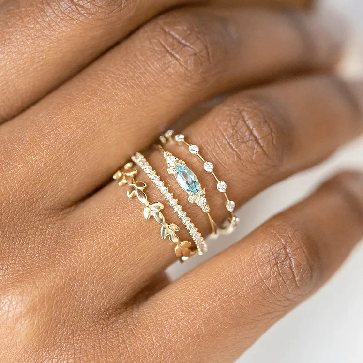 Olivenorma 4 Pcs Elegant Blue Topaz Leaf Engagement Ring Set