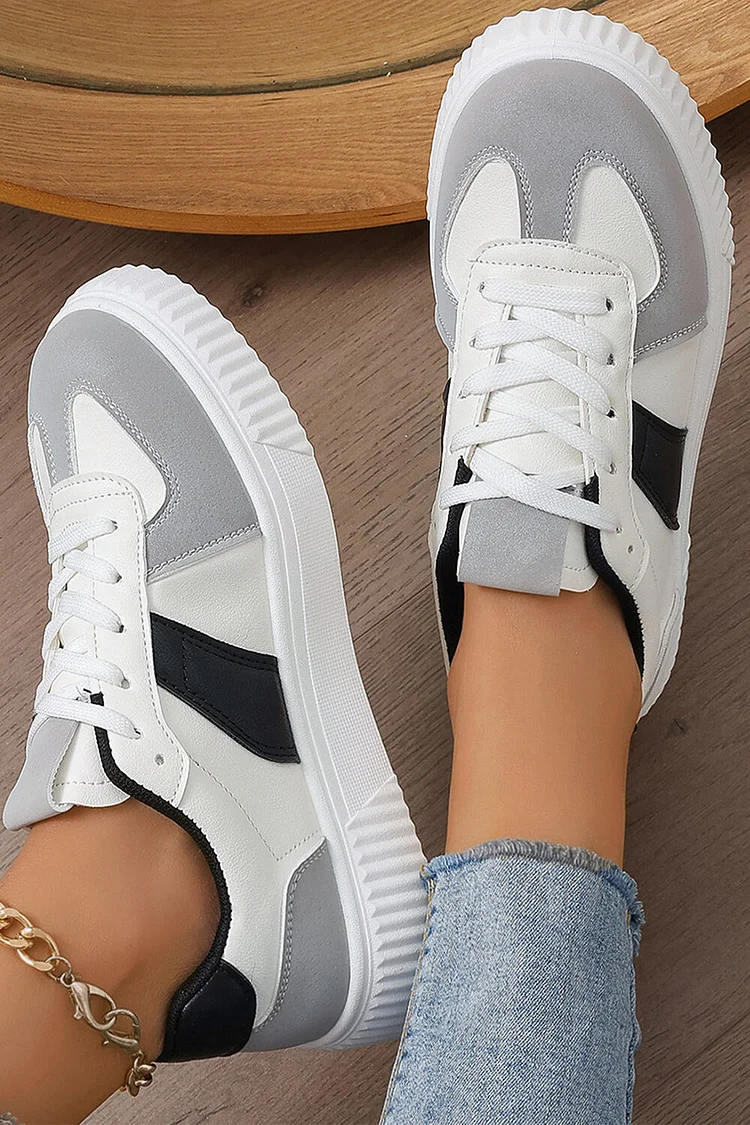 Round Toe Color Block Patchwork Lace Up Casual Sneakers