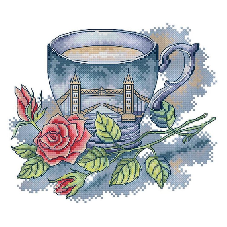 Joy Sunday - British Teacup - 14CT 2 Strands Threads Printed Cross Stitch Kit - 26x21cm(Canvas)