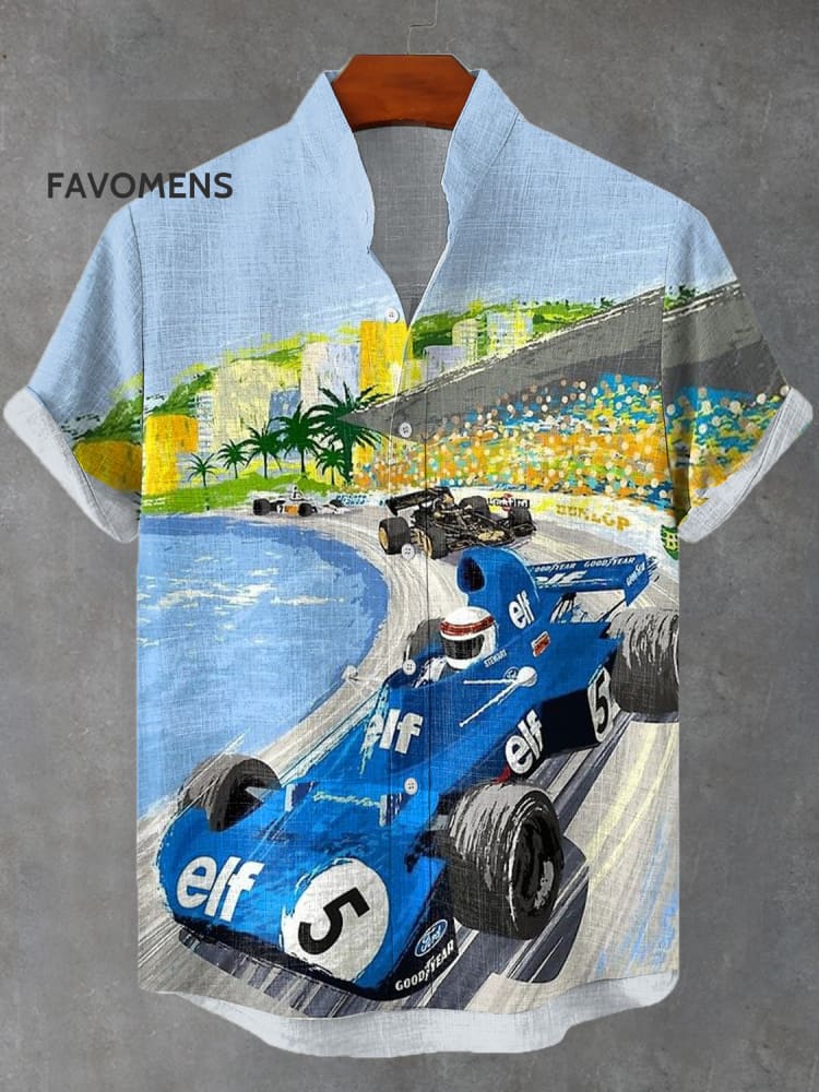 Men’s Auto Racing City Scenery Print Casual Shirt Blue / S
