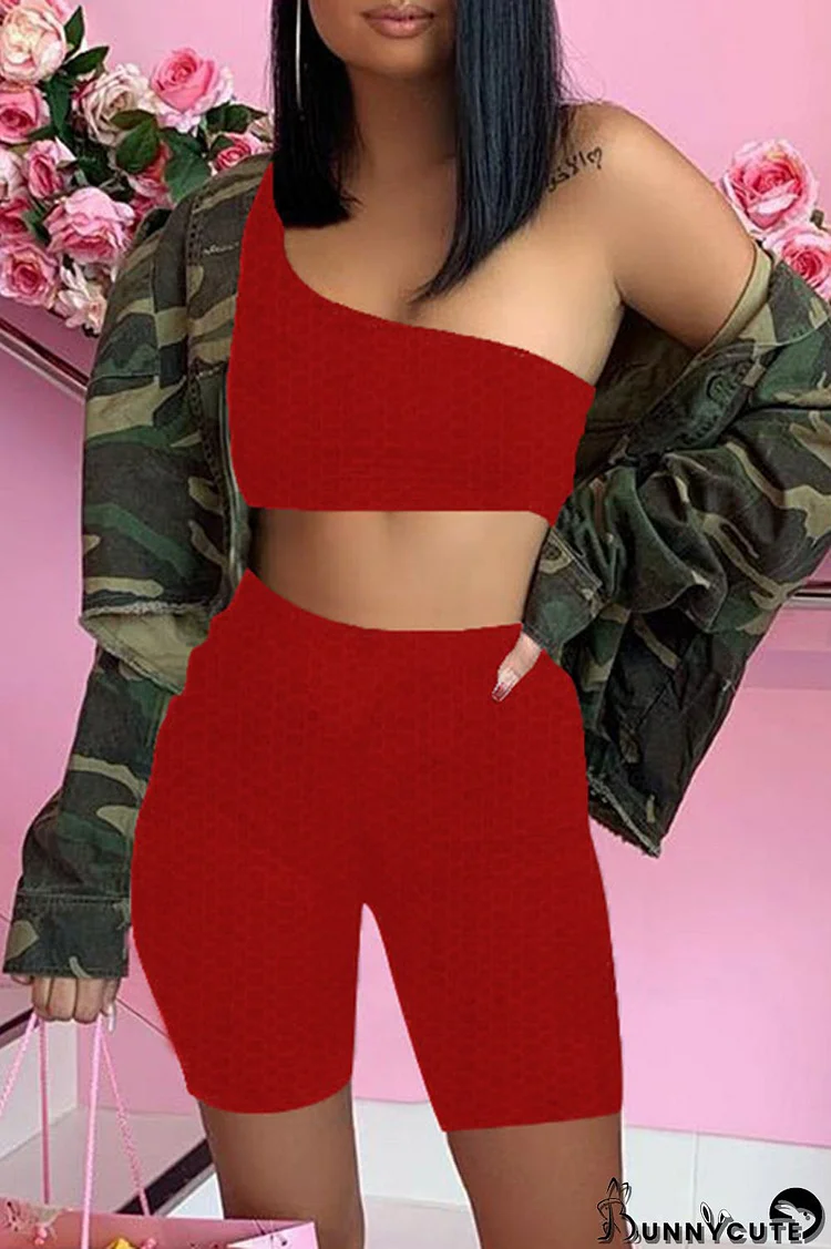 Red Sexy Casual Solid Backless One Shoulder Sleeveless Two Pieces