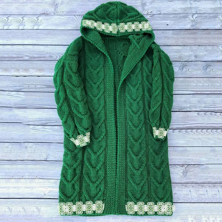 Women's Irish Celtic Knot Jacquard Hooded Aran Sweater
