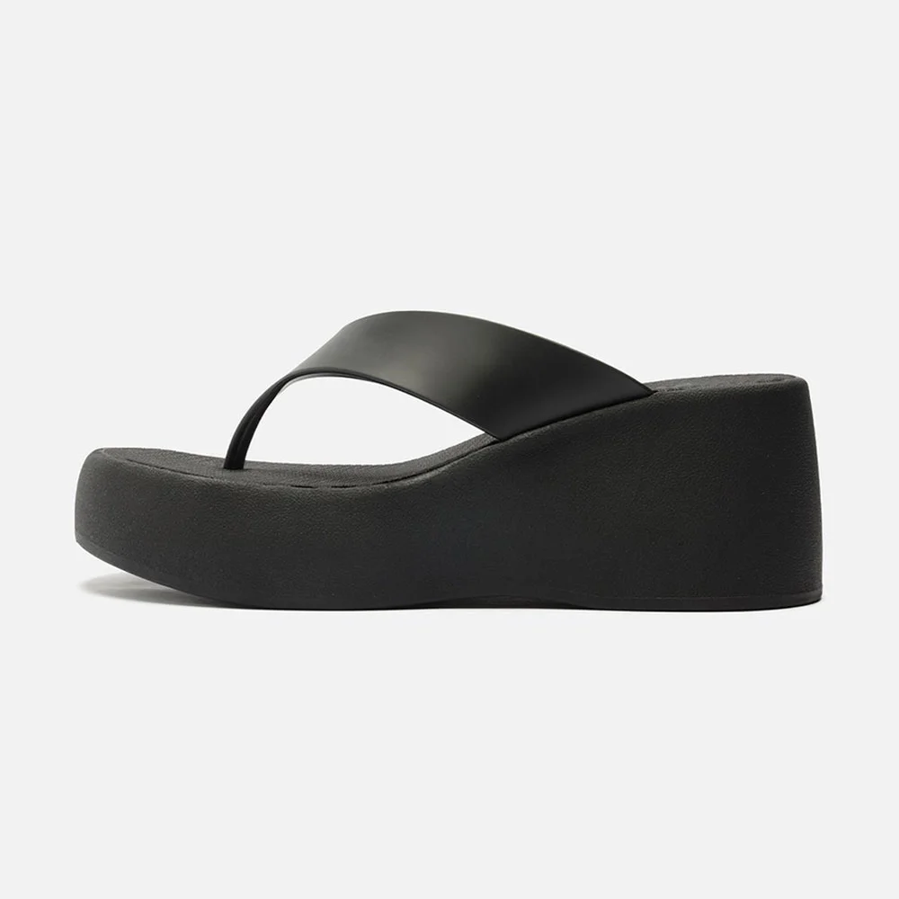 YDN Open Round Toe Wedge Heel Flip Flop Black Platform Sandals