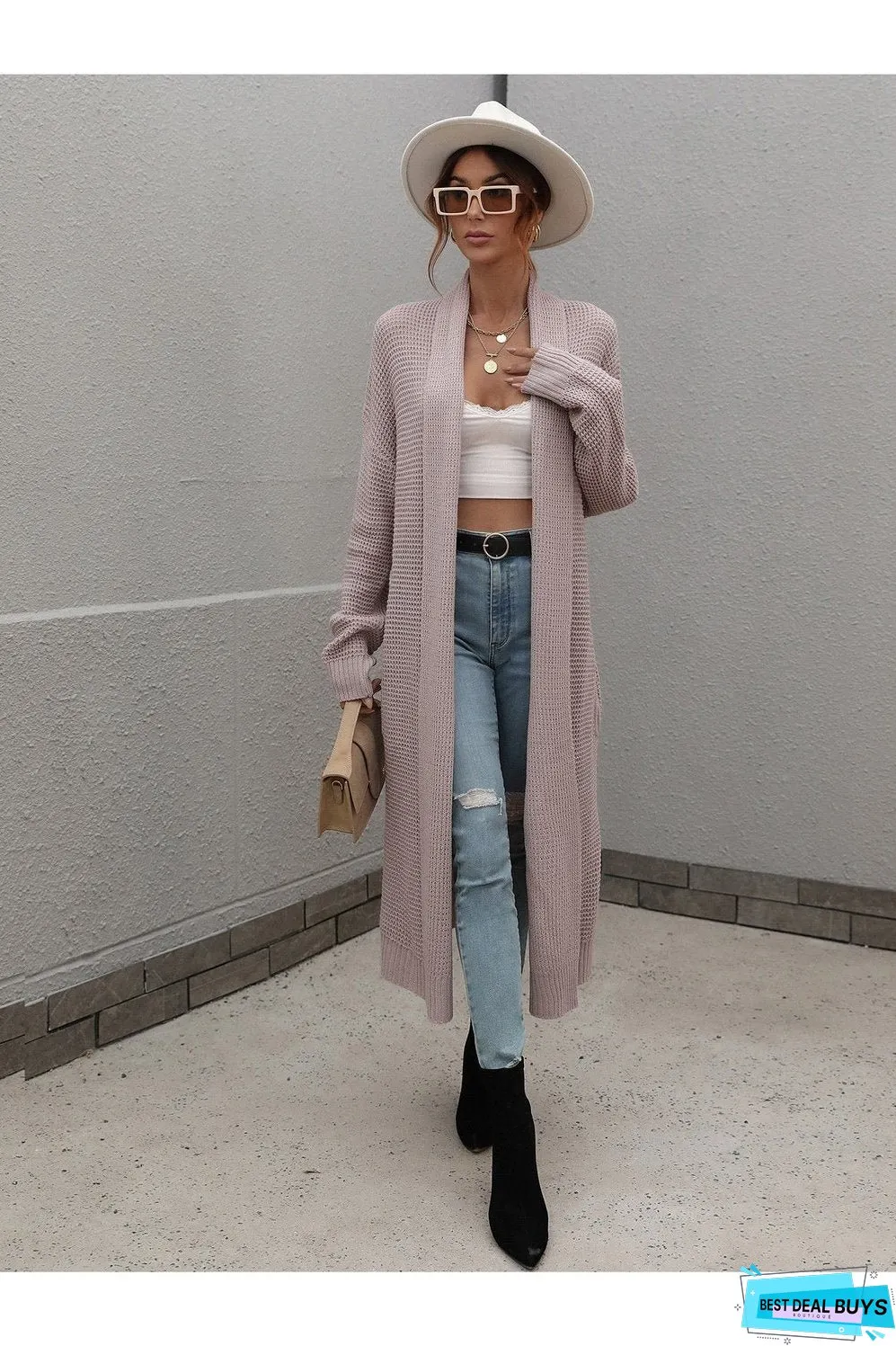 Waffle Knit Open Front Duster Cardigan With Pockets