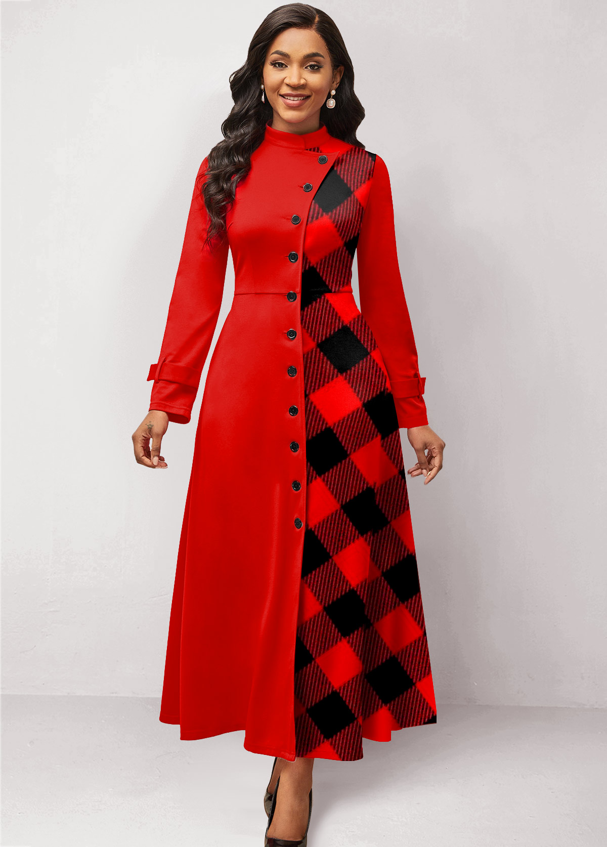 Plaid Patchwork Stand Collar Maxi Dress