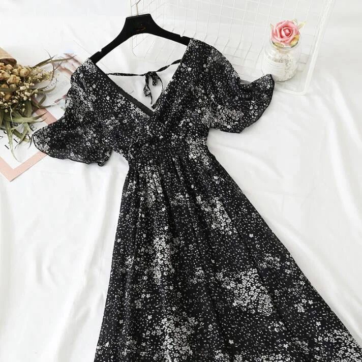 Summer Dress Vintage Floral Ruffles Women Print Short sleeve Chiffon Boho Dresses Mid-calf A-line Backless Sexy Dress Vestidos