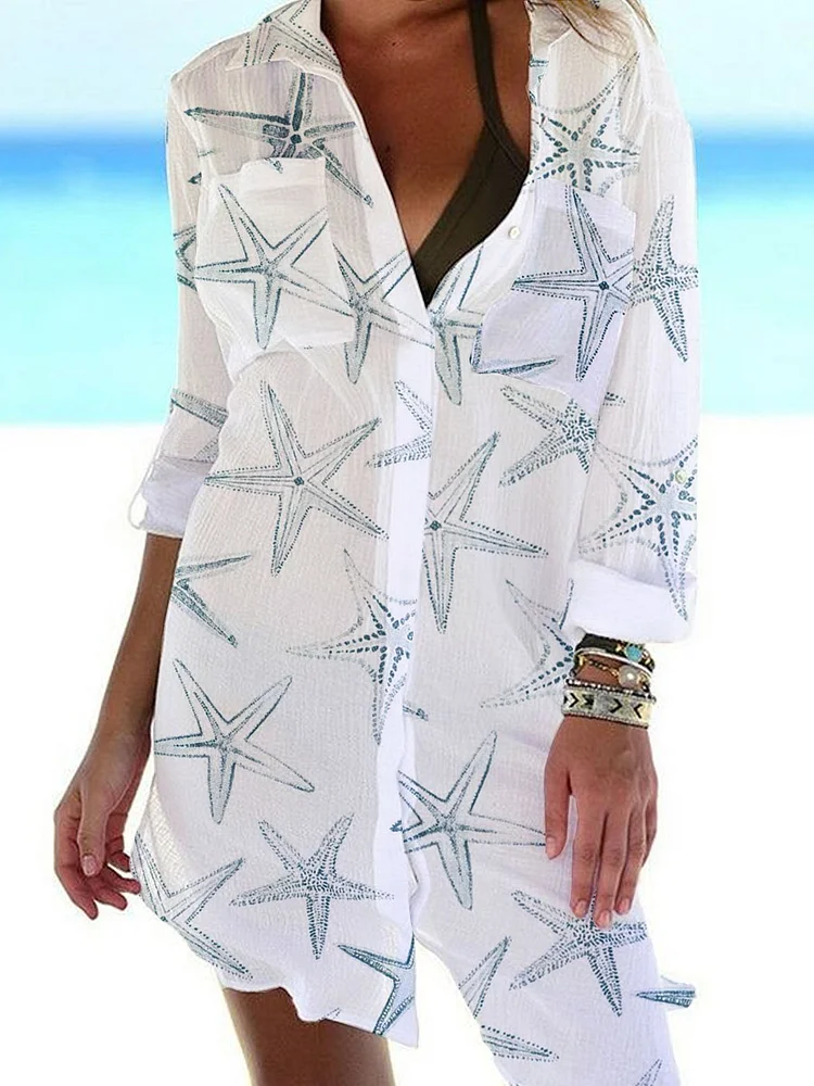 Women'S Shirt Dress Seaside Holiday Watercolor Starfish Pattern Casual Dress Shift Dress Mini Dress