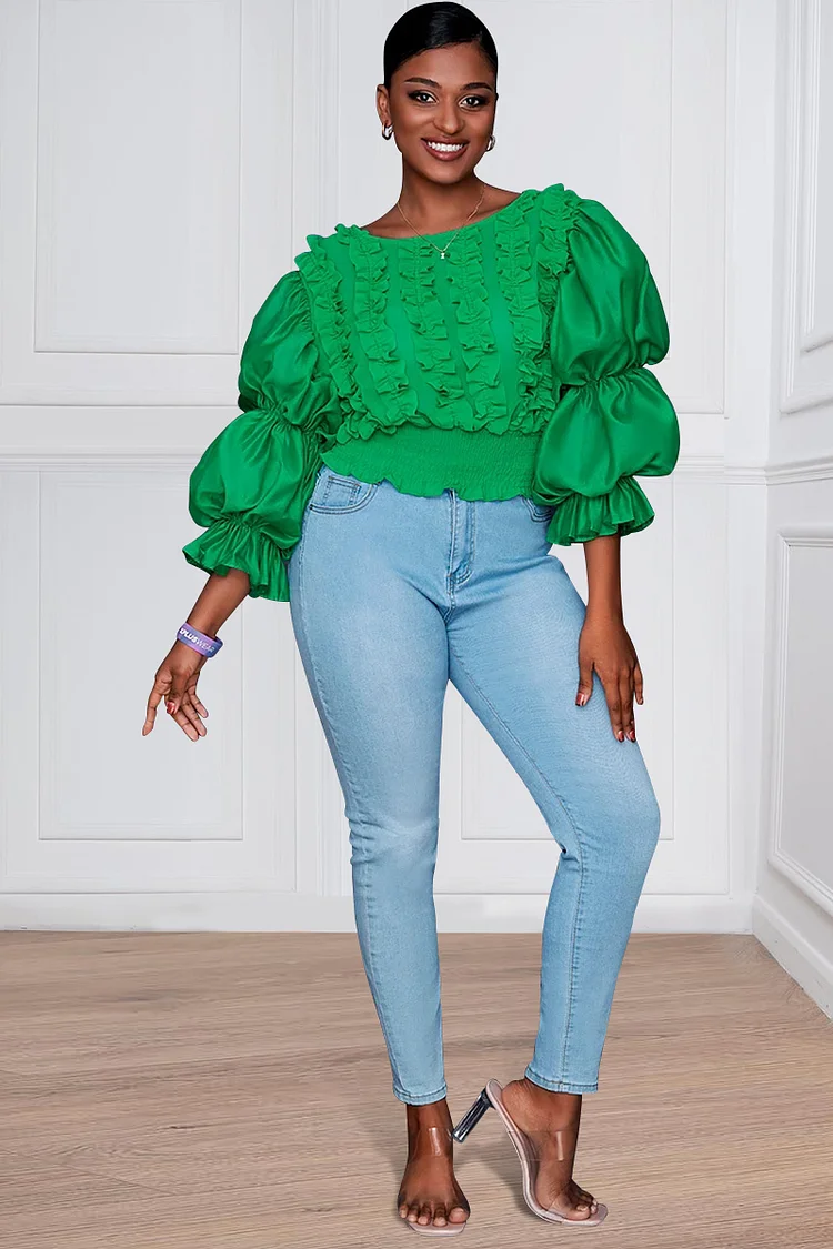 Xpluswear Design Plus Size Green Daily Round-neck Lantern Sleeve Smocking Blouses