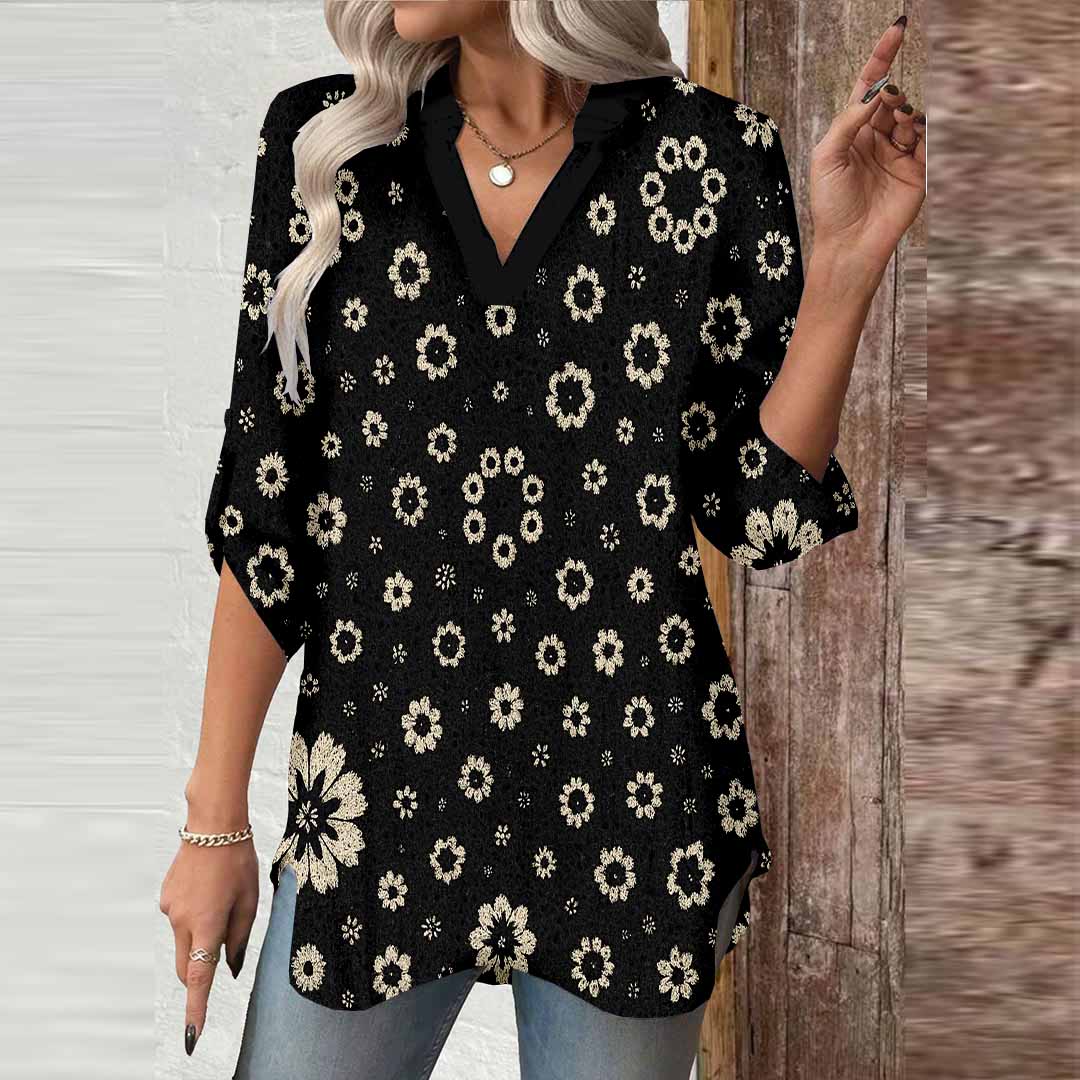 Women Floral, Black DZGA0131 3/4 Sleeve V-neck Printed Graphic Button Tops