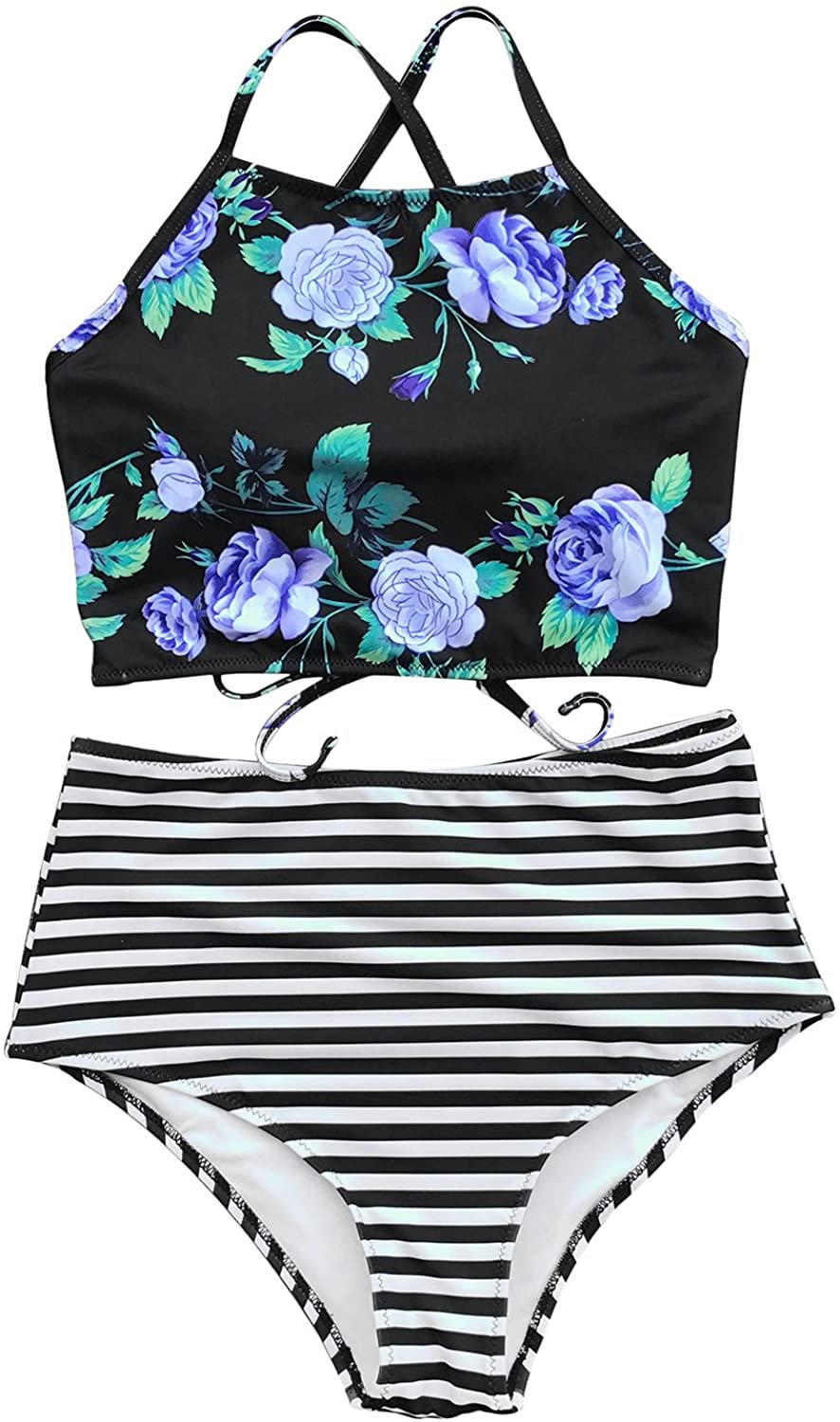Women's Leaves Printing High Waisted Bikini Set Tankini Swimwear