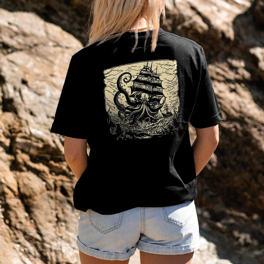 Giant Octopus Attacks Sailboat Printed Women's T-shirt