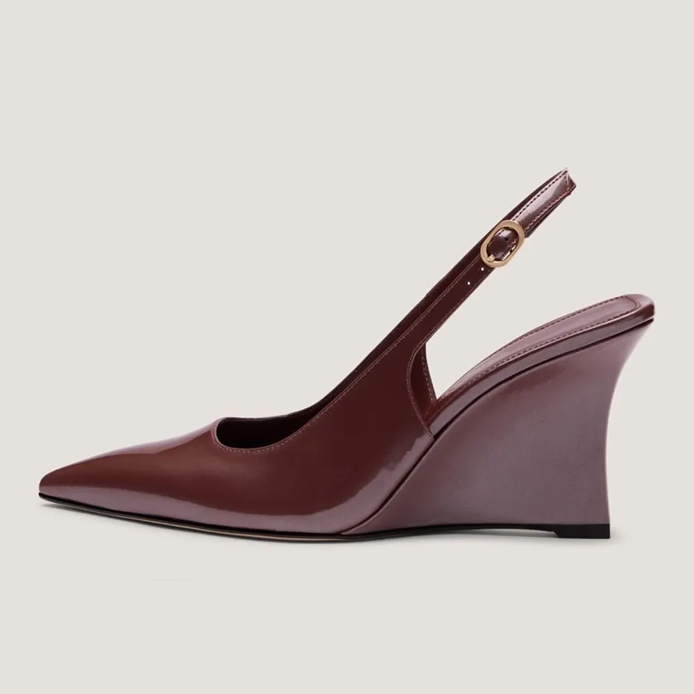 Dark Brown Patent Leather Pointed Toe Wedge Heel Slingback Pumps
