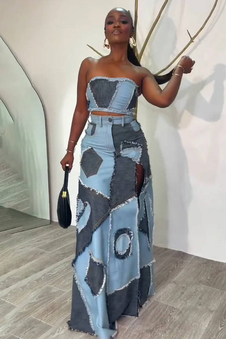Frayed Denim Patchwork Tube Top Slit Maxi Skirt 2pcs Set-Blue [Pre Order]