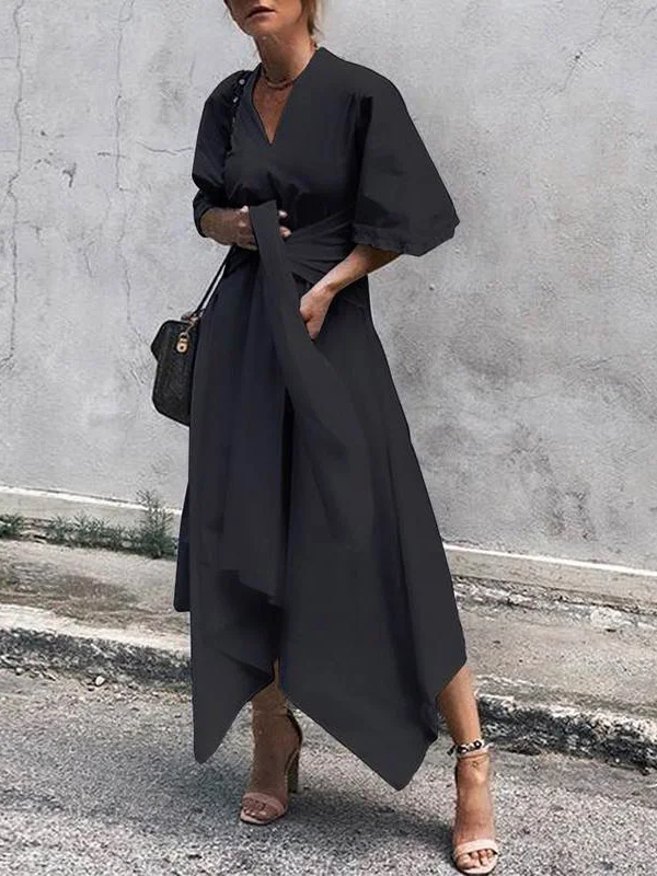 Irregular Clipping Lace-Up Flared Sleeves Midi Dresses