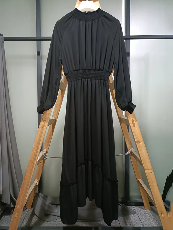 Urban Stand Collar Black Long Sleeves Midi Dress