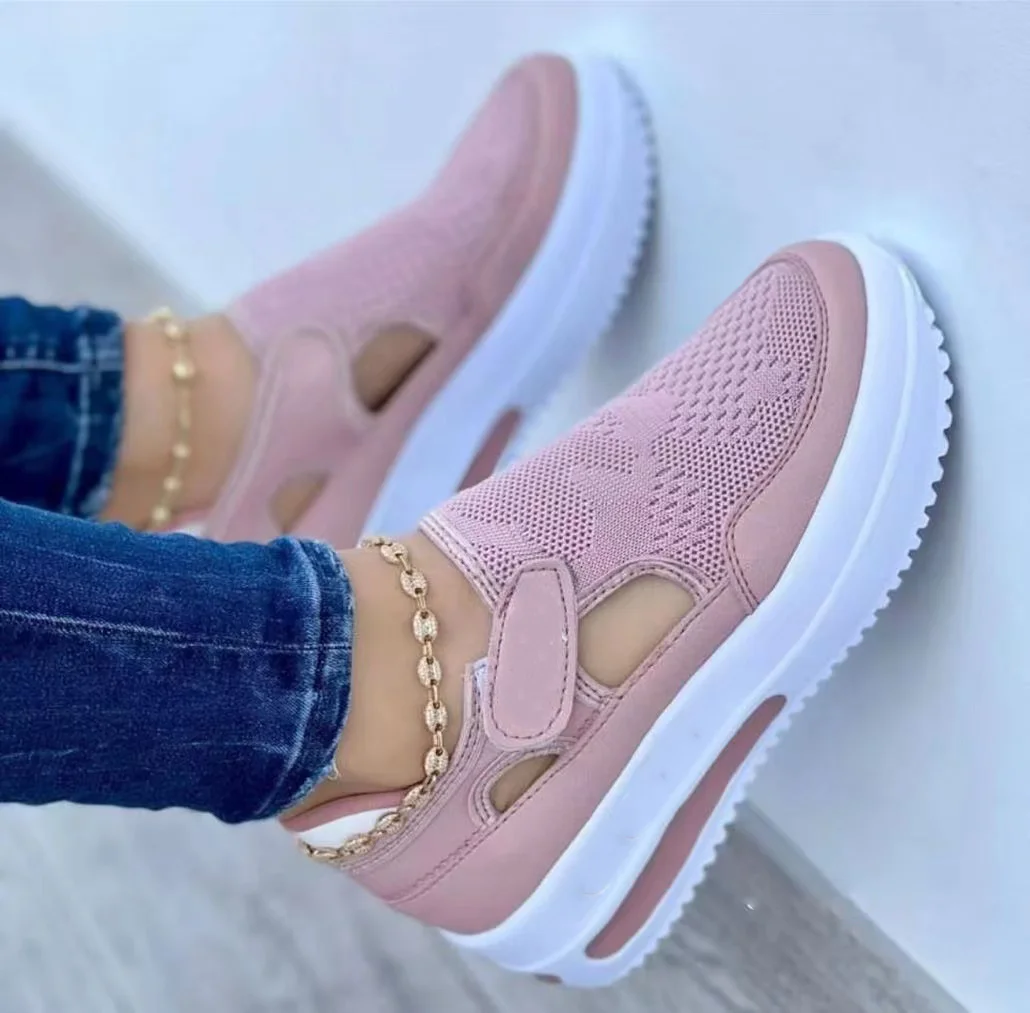 Qengg 2022 New Ladies Vulcanized Sneakers Thick Sole Solid Color Flat Women Shoes Casual Breathable Velcro Ladies Walking Sneakers