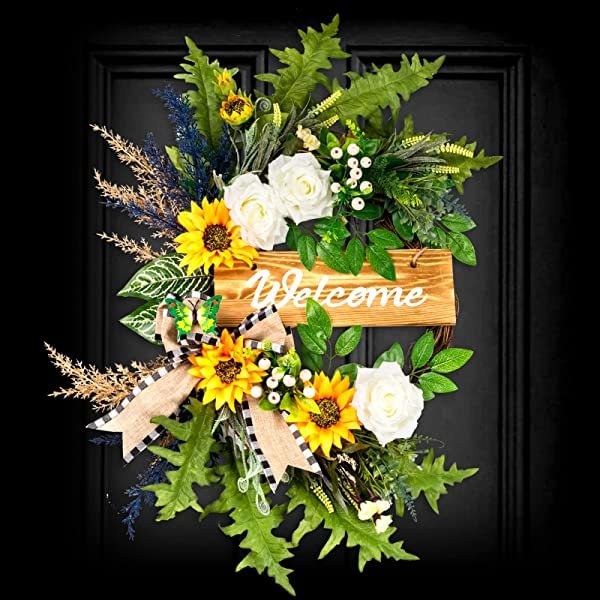 Soosubel Half Coverage Wreath, 22 Inch Spring Wreaths for Front Door Outside,Artificial Wreath for Summer, Welcome Front Door Wreath for Farmhouse D-blue