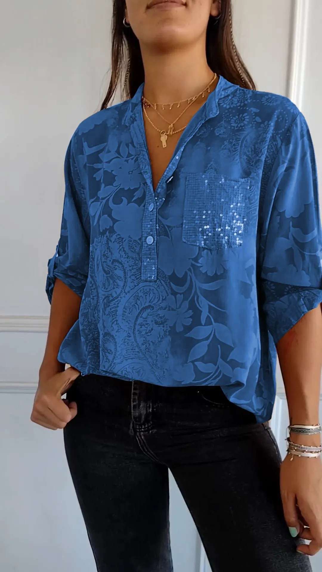 V-neck Dalmatian Print Button Front Top With Pocket Detail main image 1