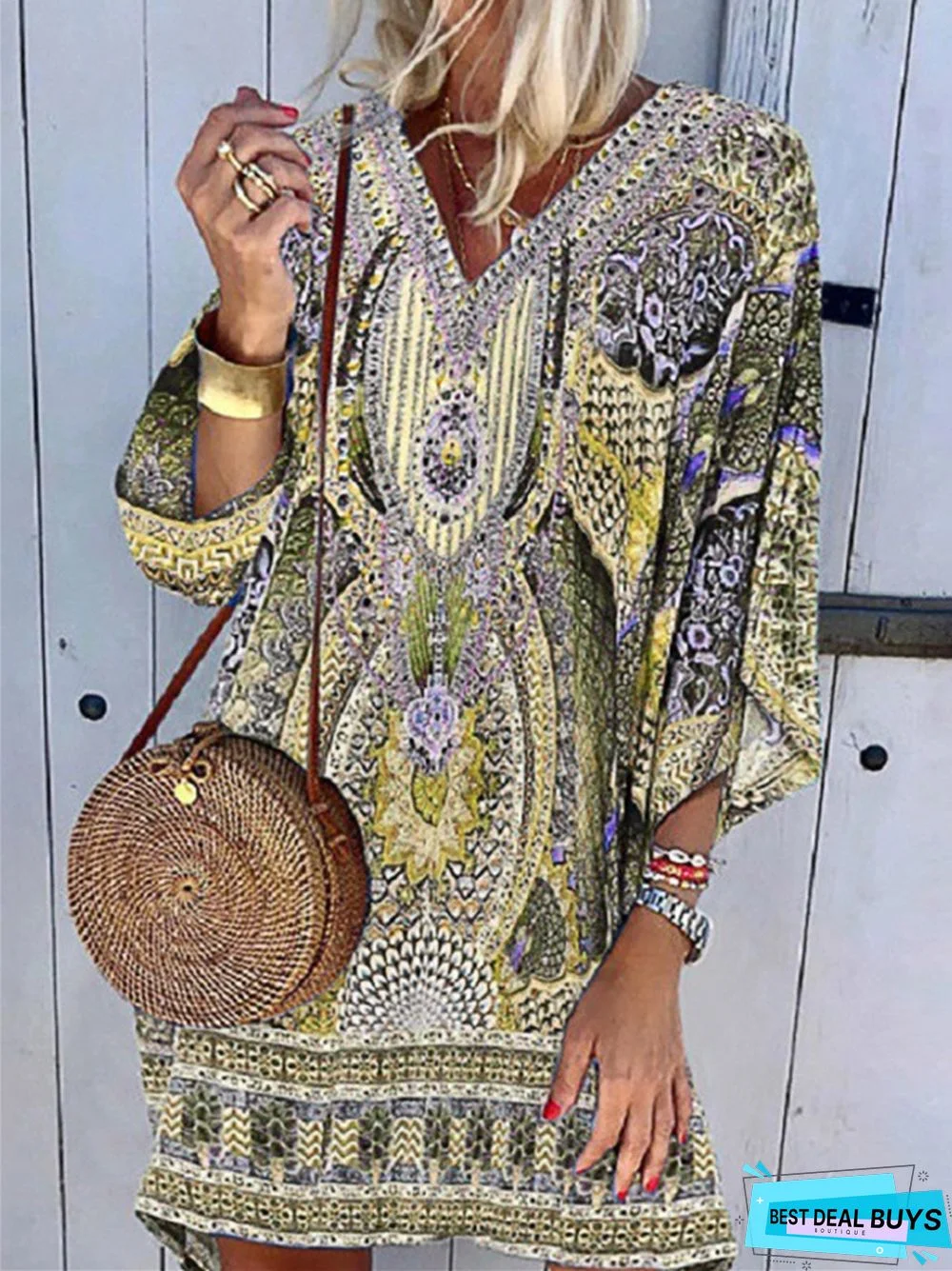 Bohemian V-Neck Long Sleeve Printed Casual Dress