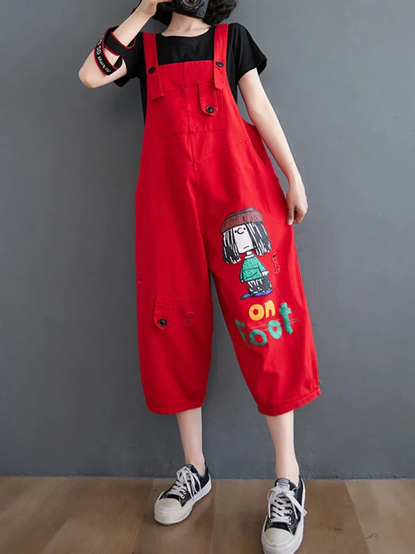 Charming Cartoon-Printed Puff Denim Overalls for a Playful Look