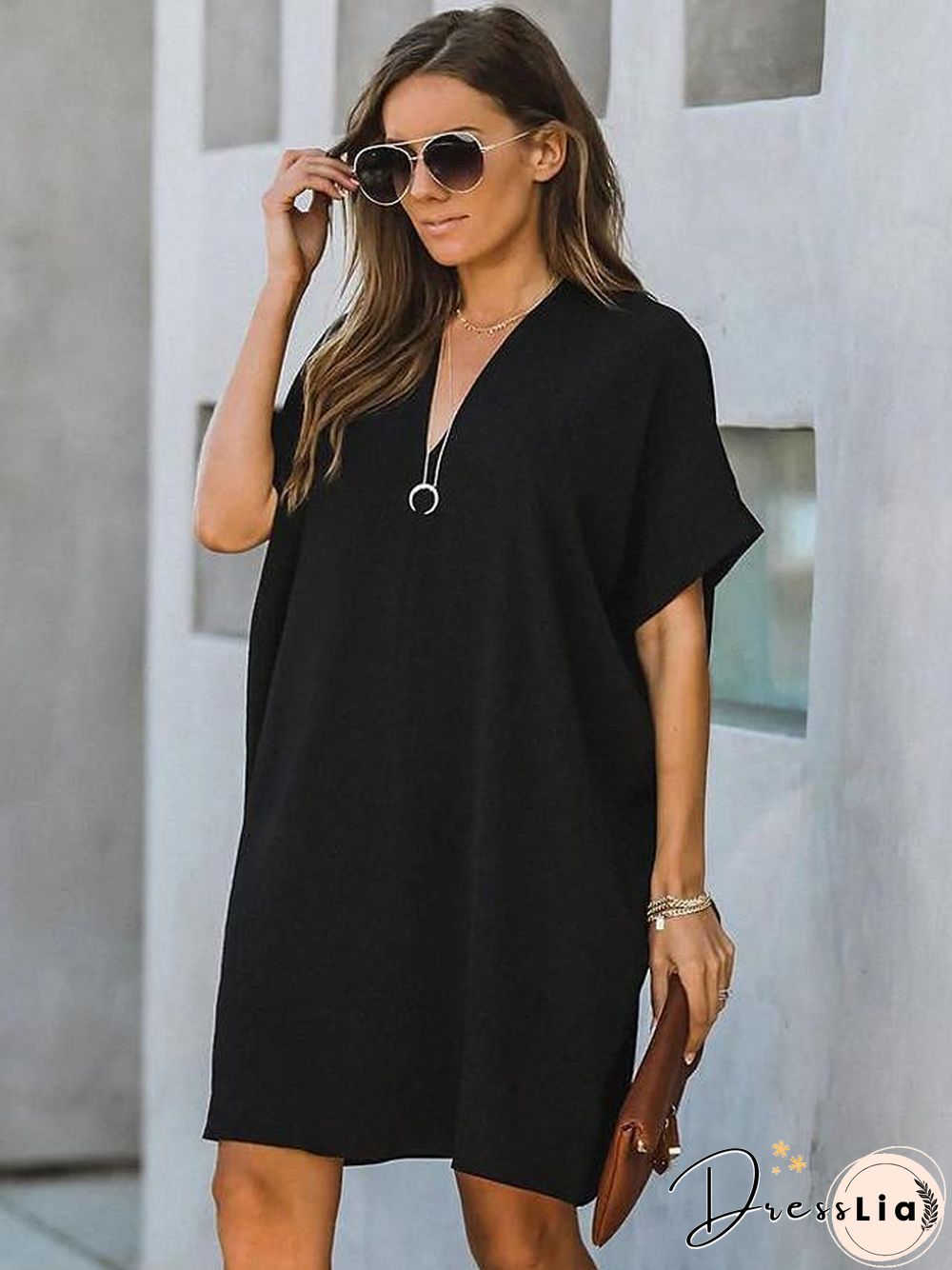 Women's Shift Dress Knee Length Dress Short Sleeve Solid Color Patchwork Fall Summer Hot Streetwear Oversized Black Wine S M L XL XXL Black Dresses